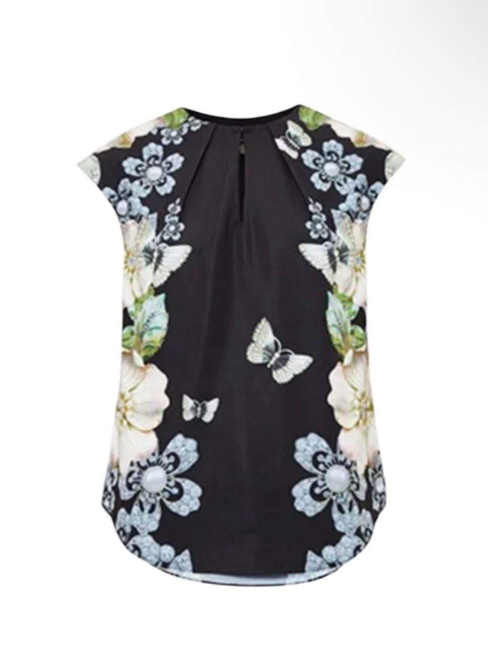 Ted Baker Floral Butterfly Print Black Cap-Sleeve Women's Top